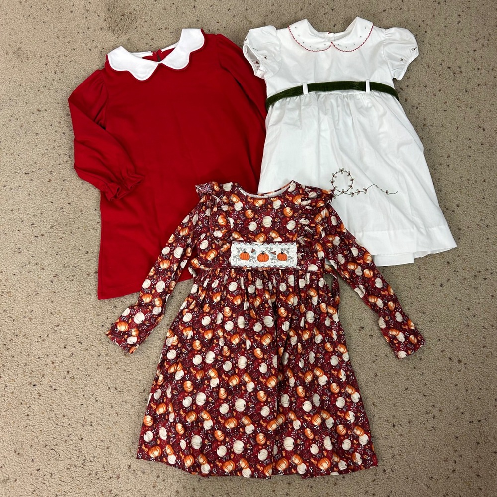 Girls Boutique Lot of 3 Holiday Dresses Red White Burgundy Pumpkin Size 5